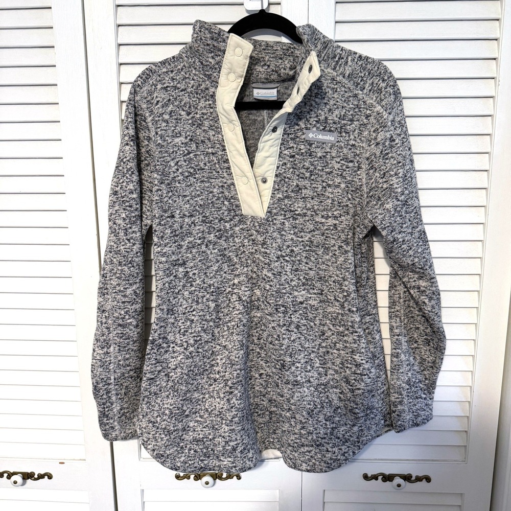 Columbia Sweater Snap Neck Pullover Medium Gray Womens Marled Fleece Mock Neck